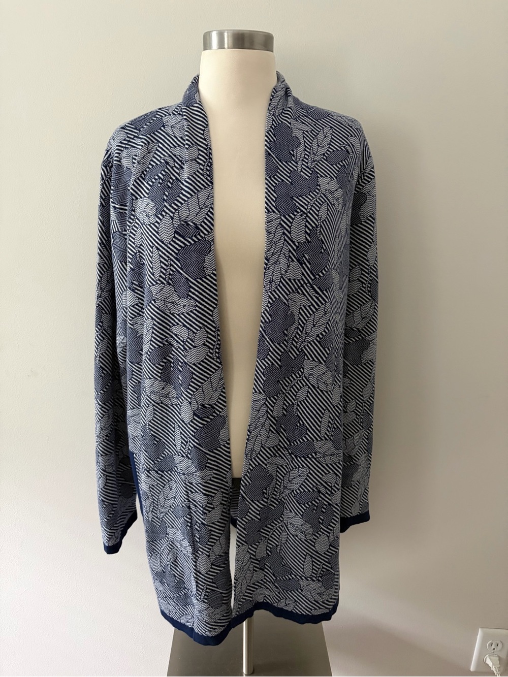 Lands' End Navy White Leaf Jaquard Open-Front Cardigan XL Lagenlook Botanical